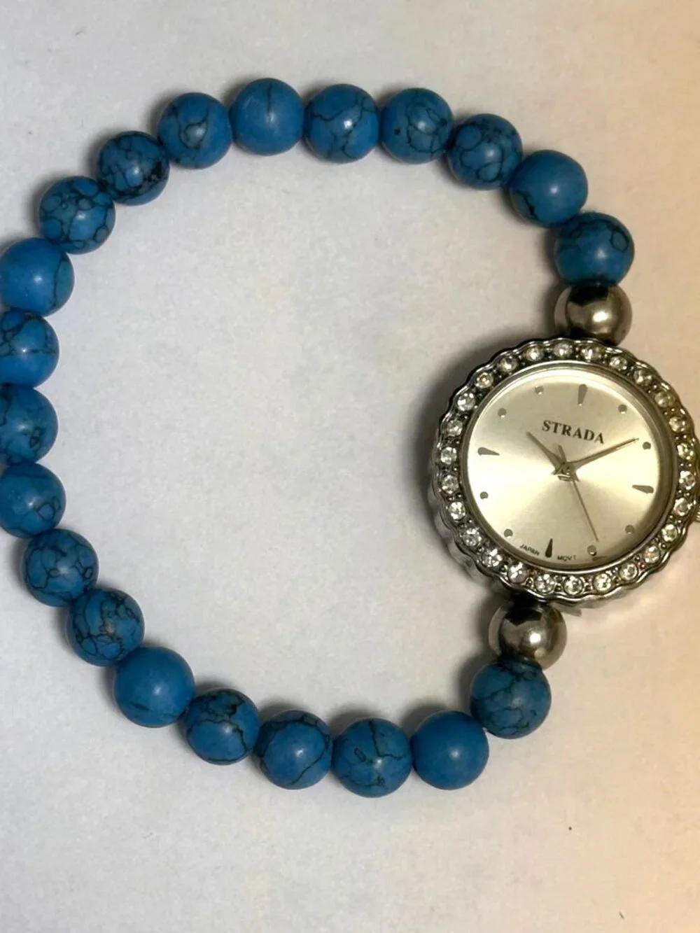 Strada Watch Women Silver Tone Blue Beaded Stretch Bracelet Band New Battery